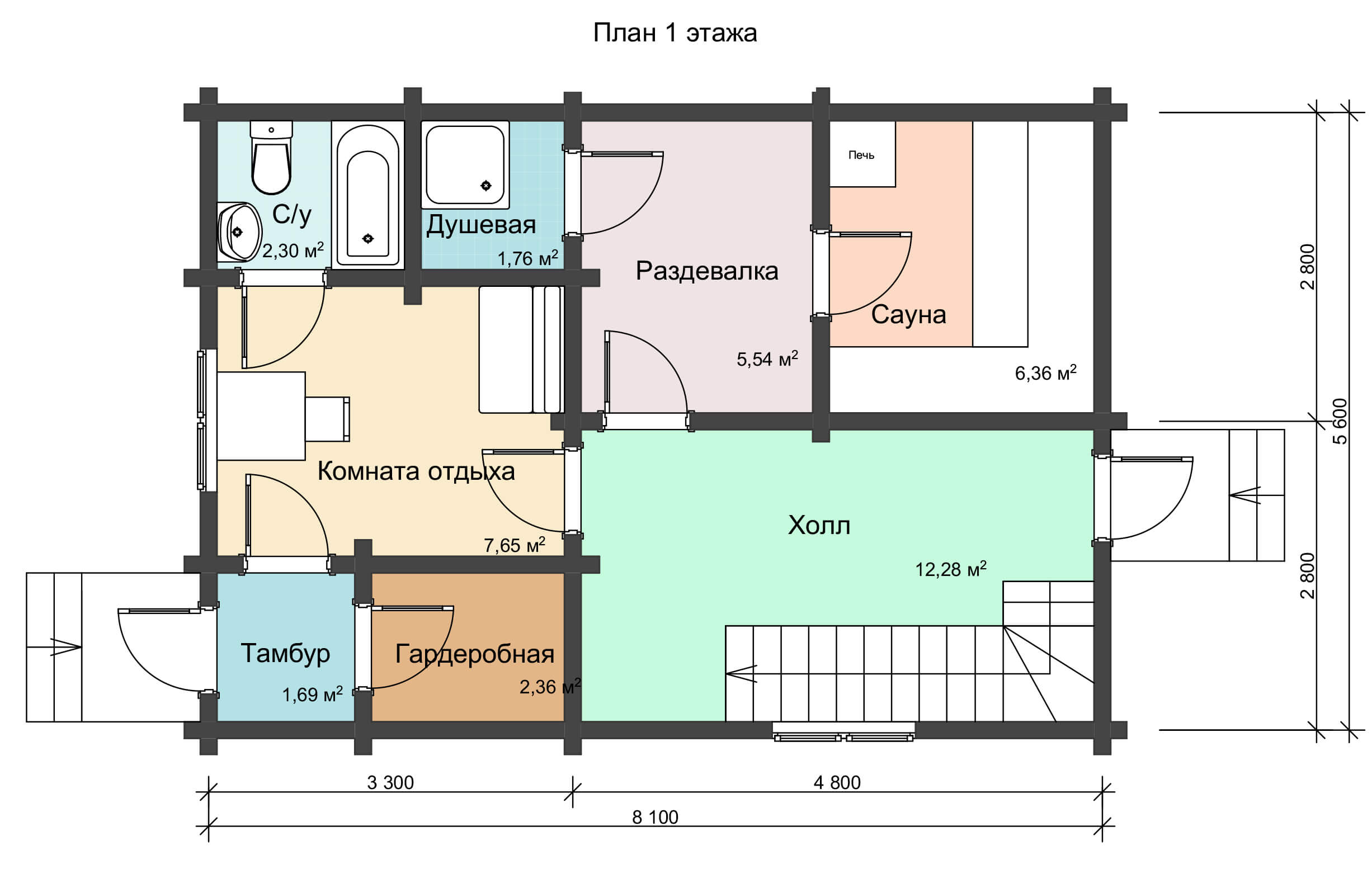 План 1 этажа деревянного дома двухэтажного