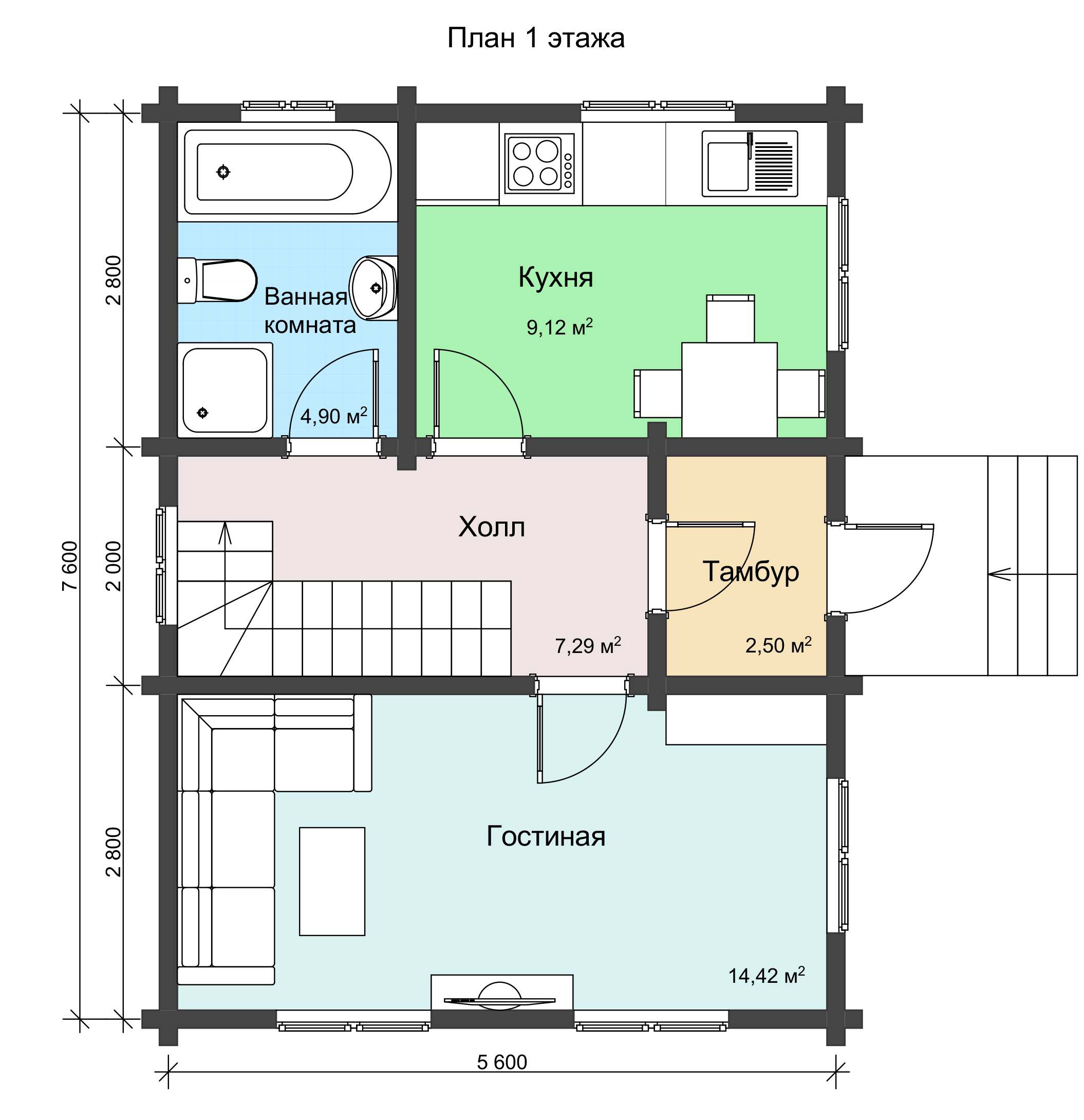 План 1 этажа двухэтажного дачного дома