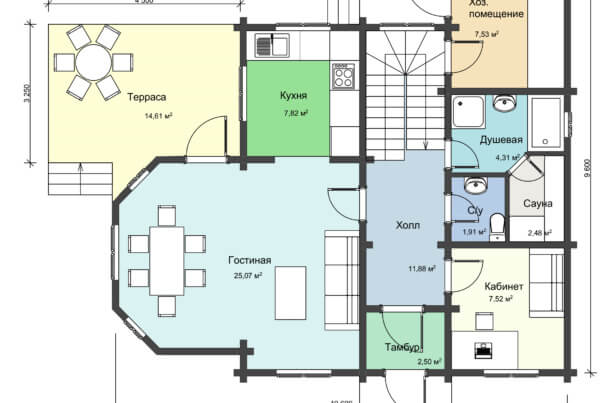 План 1 этажа большого дачного деревянный дома НД 1-18