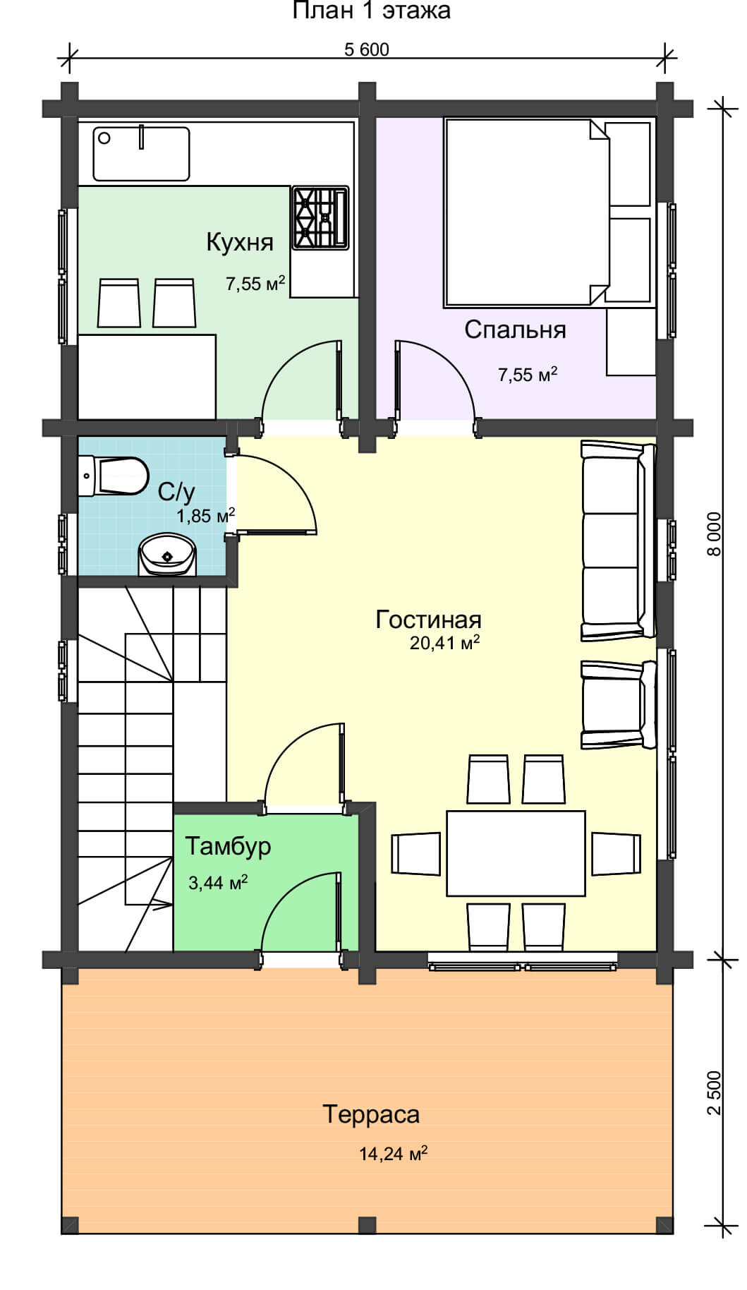 План первого этажа двужэтажного дома из клееного бруса НД 1-5