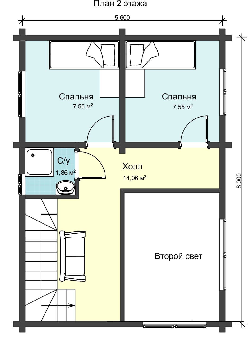 План второго этажа двужэтажного дома из клееного бруса НД 1-5