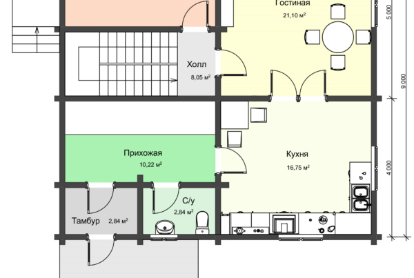План 1 этажа двухэтажного загородного дома из профилированного бруса
