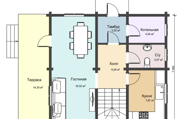 План 1 этажа двухэтажного деревянного дома из профилированного бруса