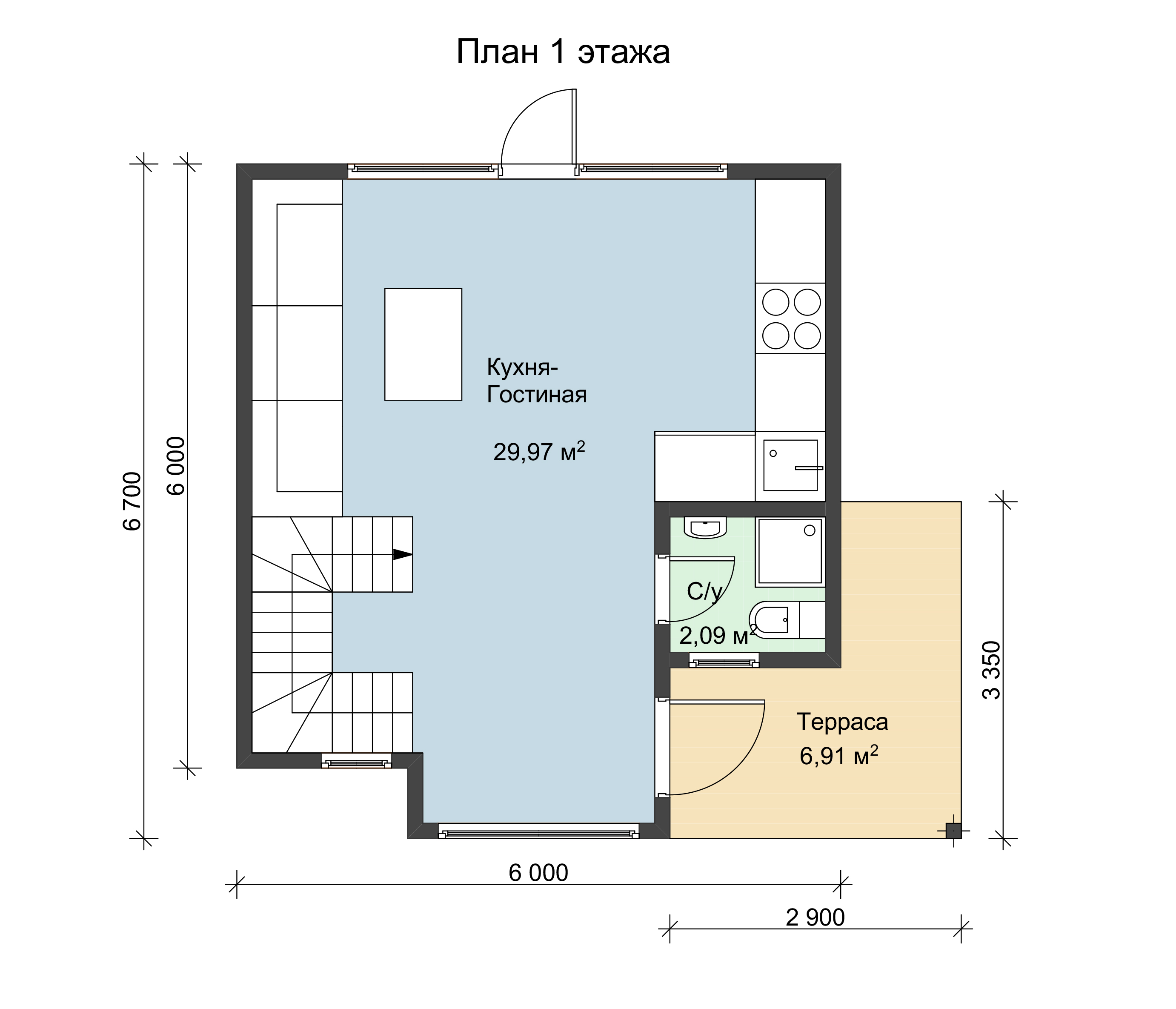 Схема 1 этажа двухэтажного дома по каркасной технологии