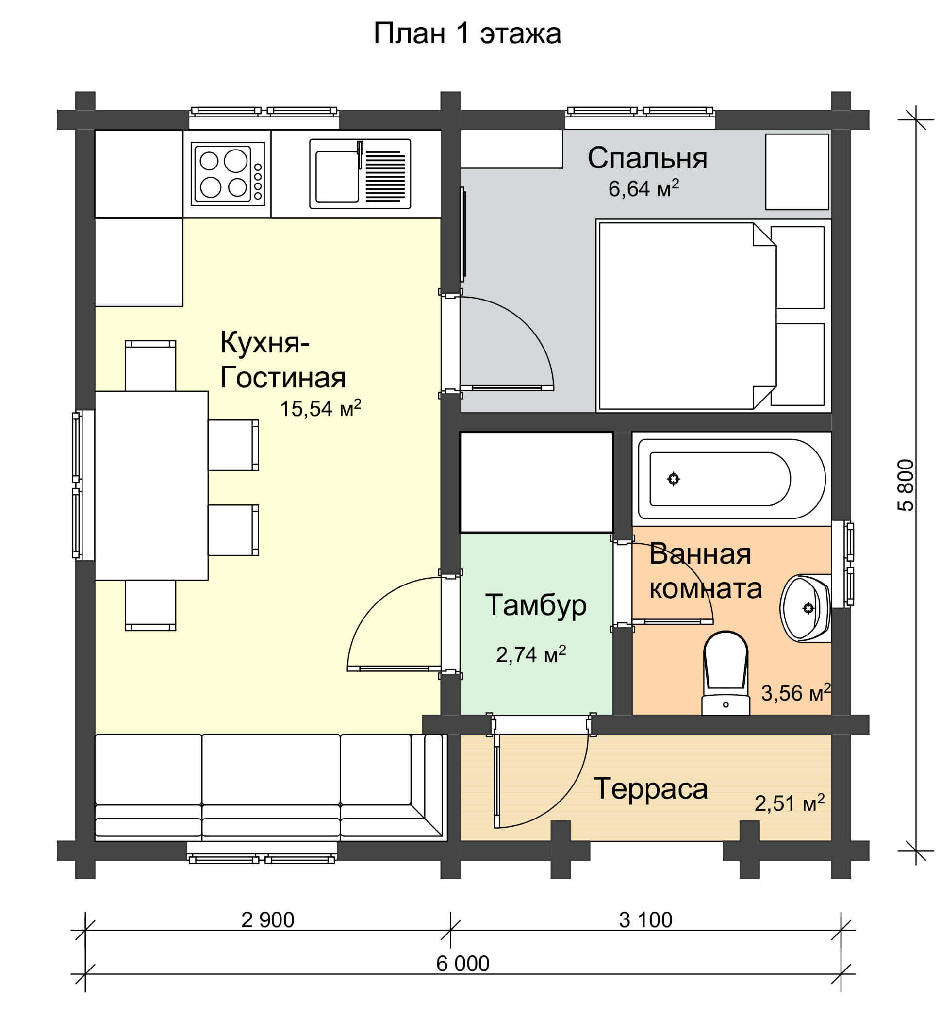 План 1 этажа одноэтажного дачного дома из профилированного бруса НД 1-7